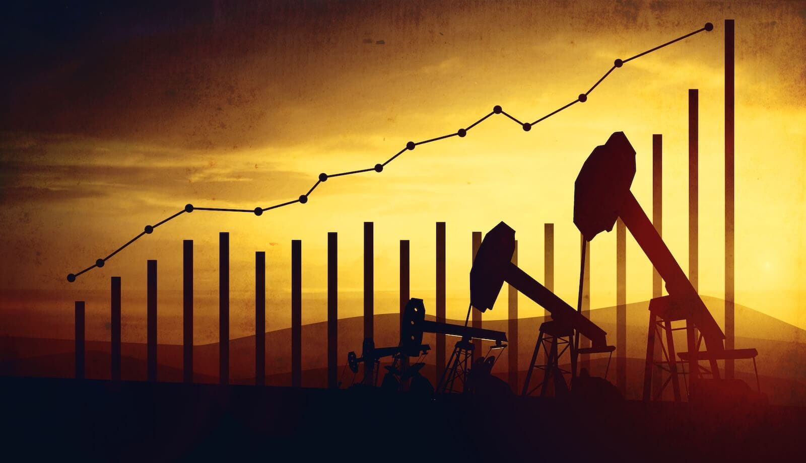 Oil rig with chart showing rising prices in background