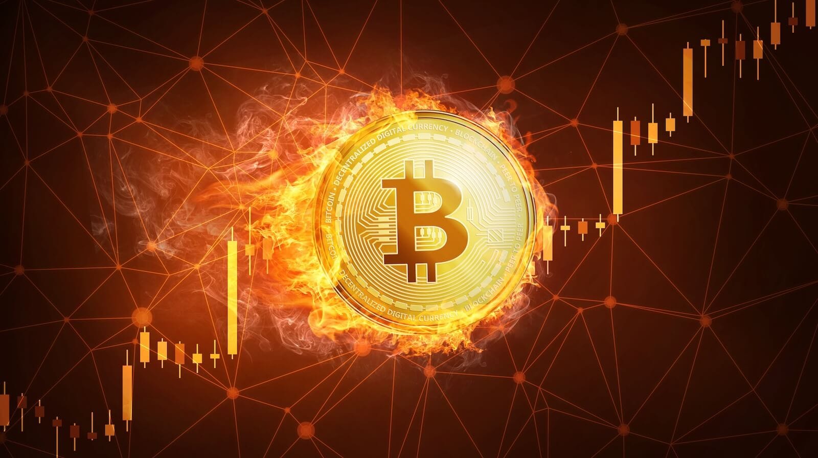 Bitcoin on fire climbing up a price chart