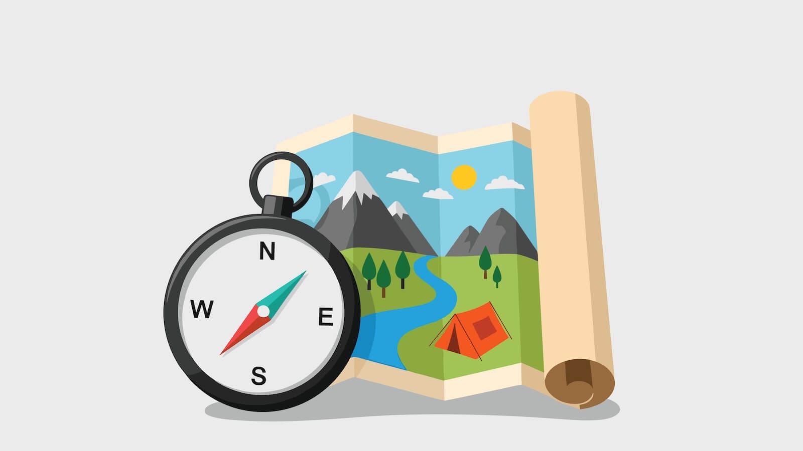 Adventure planning illustration with compass and map with mountains, river, tent