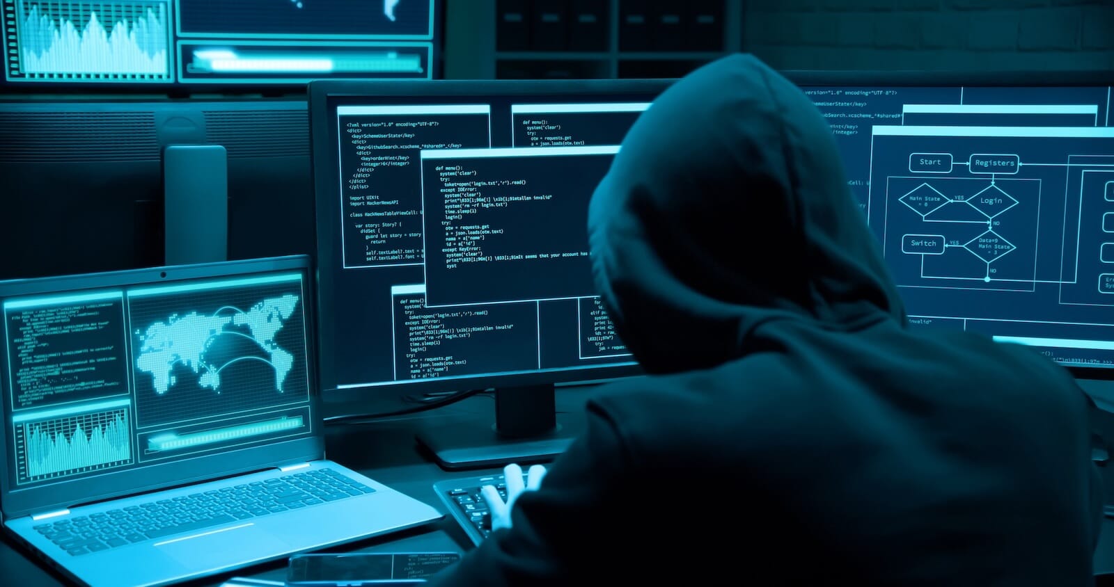 Cybercrime hacker in front of computers