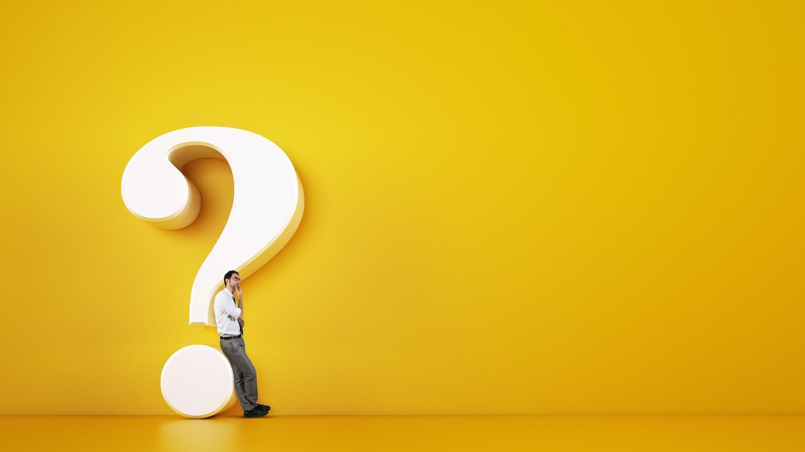 Man leaning against question mark symbol: four big questions facing stock market