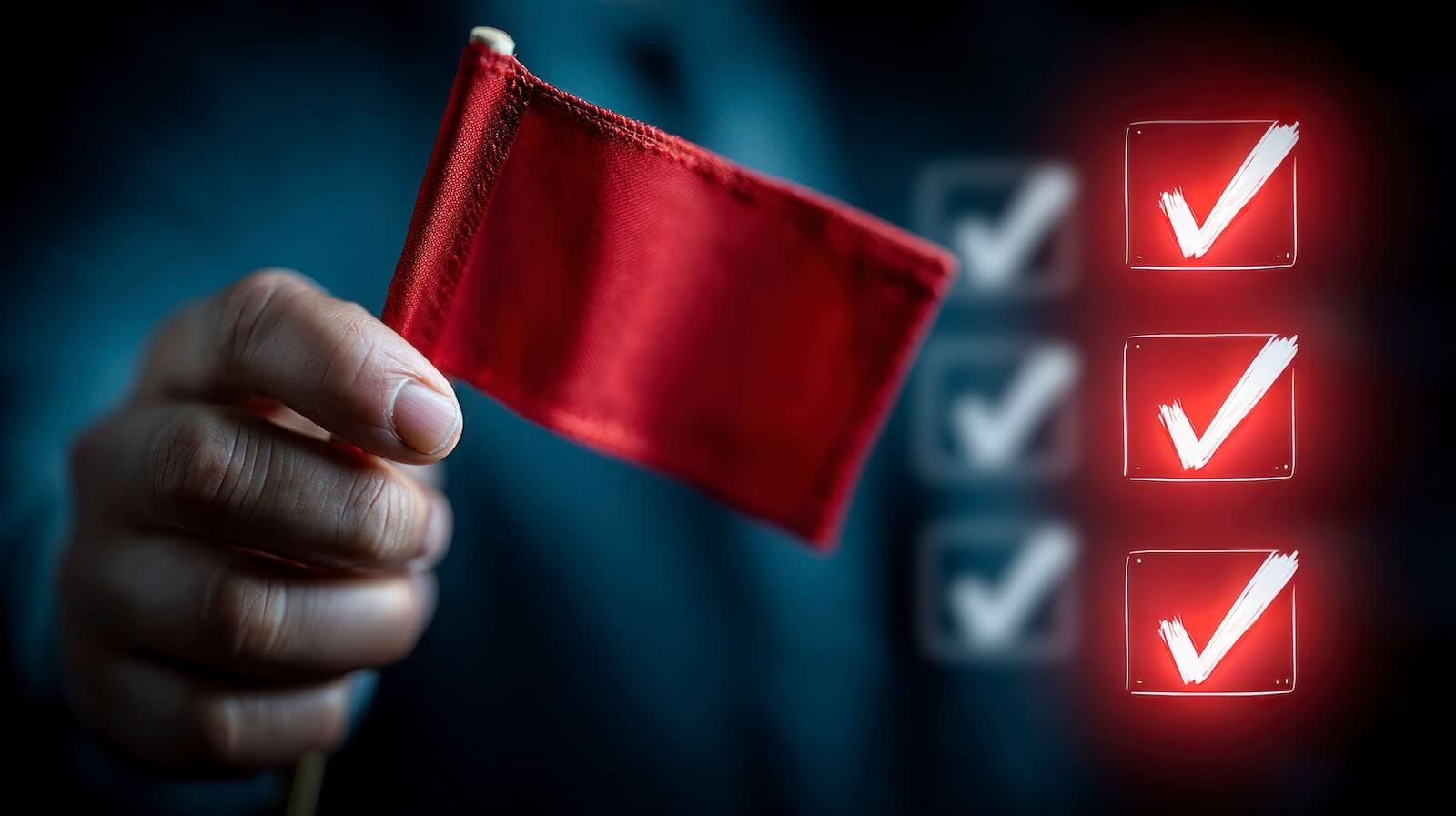 Hand holding red flag with three check marks