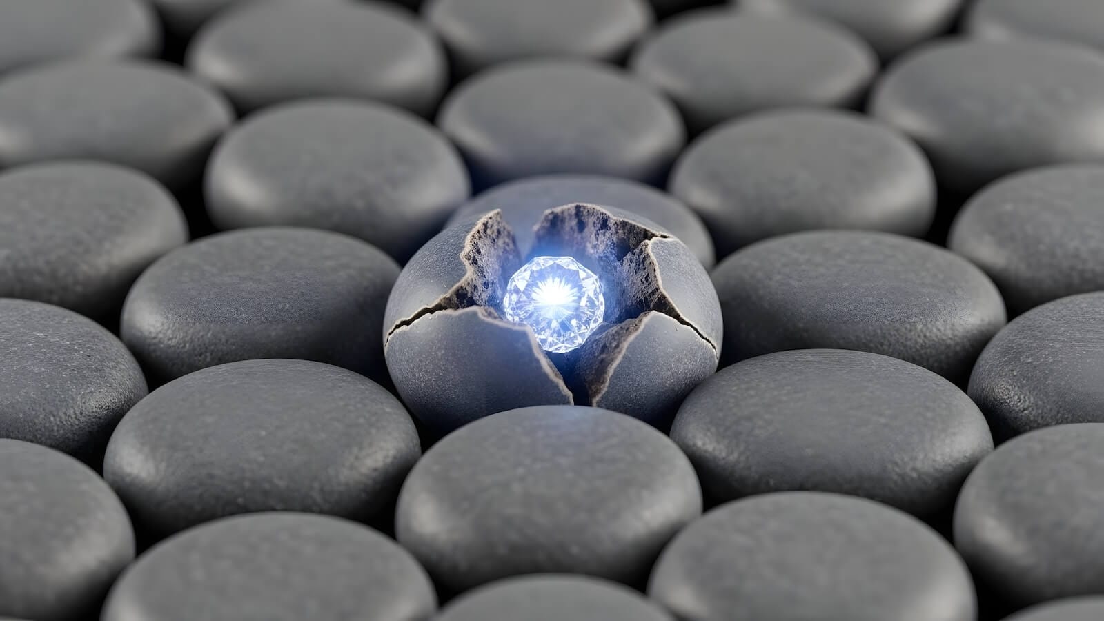 Diamond bursting from cracked grey stone among several uniform pebbles: uncover gems