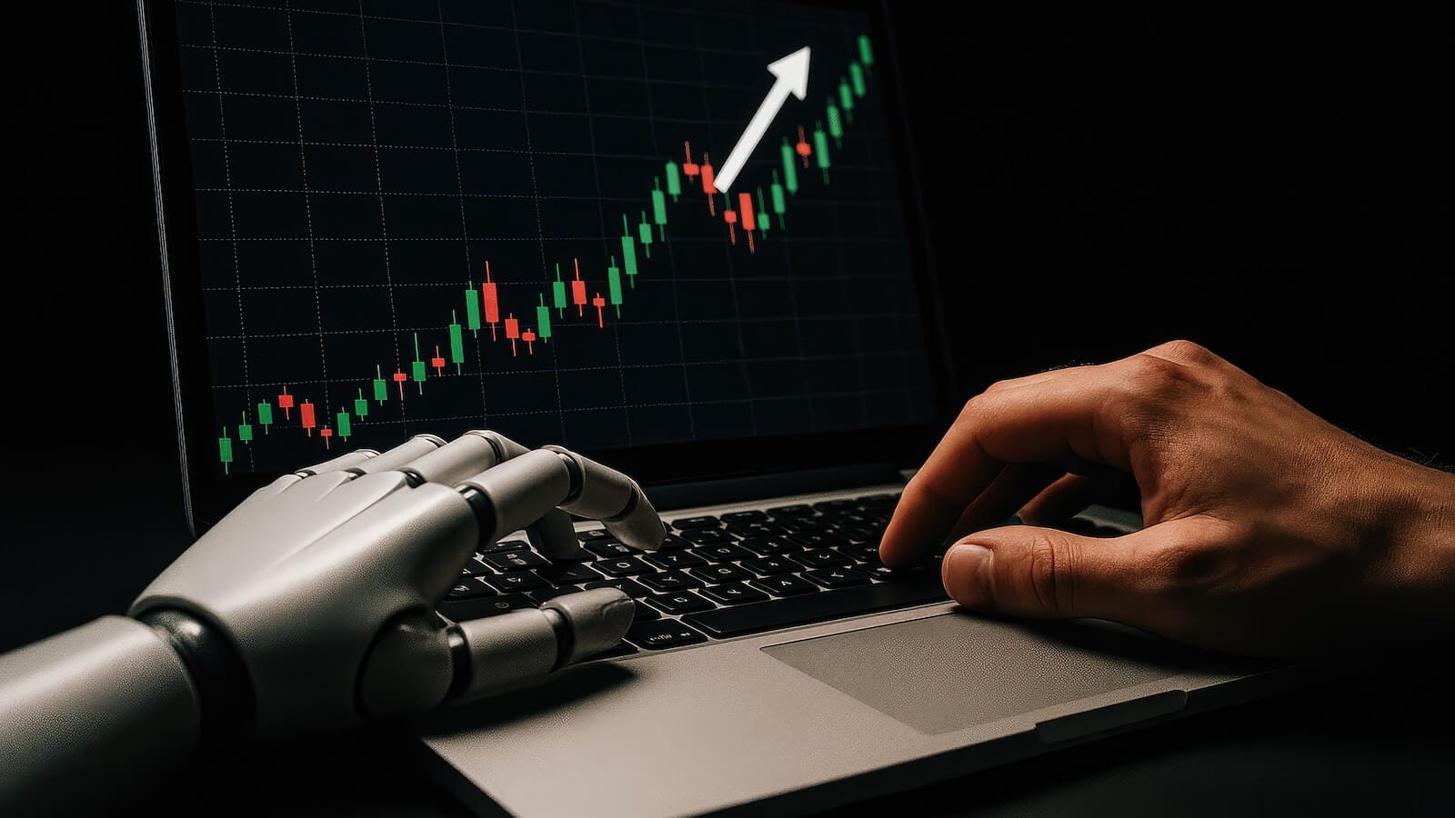 Robot and human hands on laptop keyboard analyzing stock chart: Can AI pick stocks