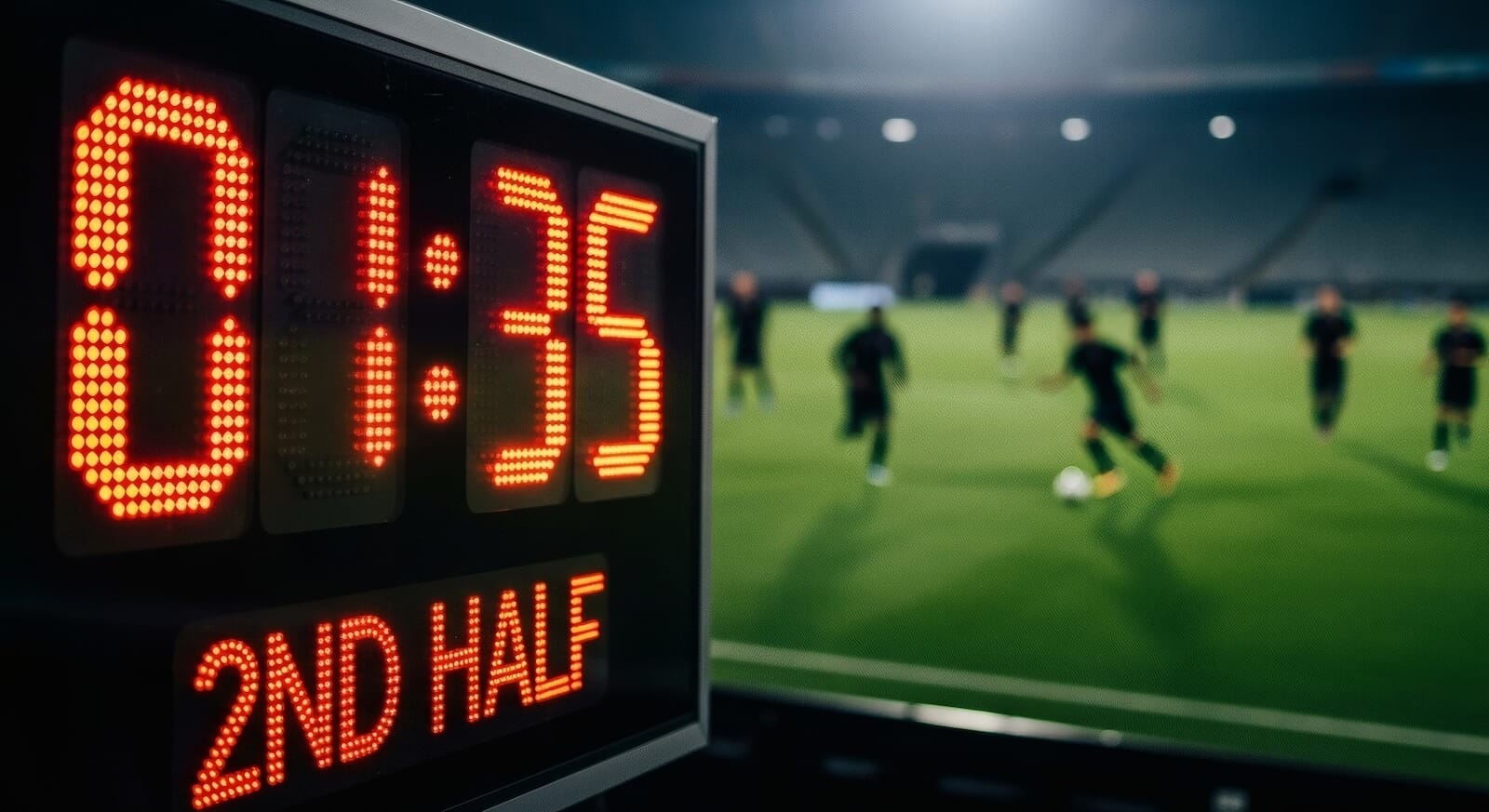 Score board showing second half starting: soccer field with players in background