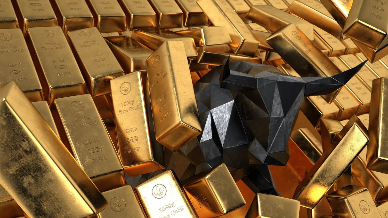 bull breaking out of a pile of gold bars: gold breaking out