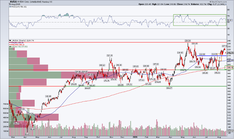 Chart of NVDA: $214 support, bullish RSI range, rising 200-day moving ave, mind the gaps