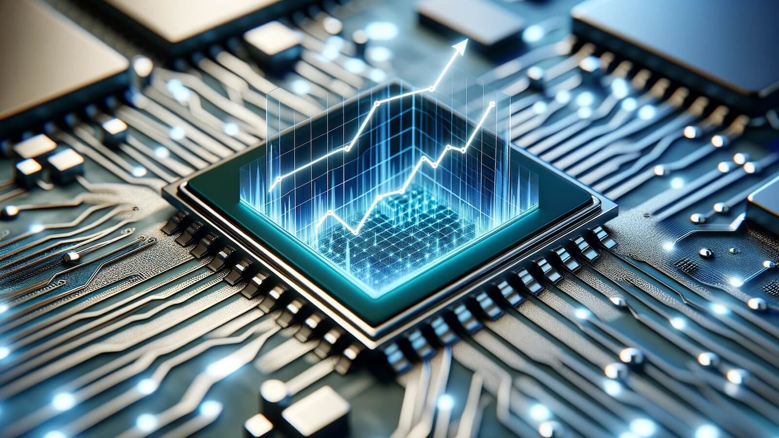 Chip with arrow pointing up and down: semiconductors buy or sell