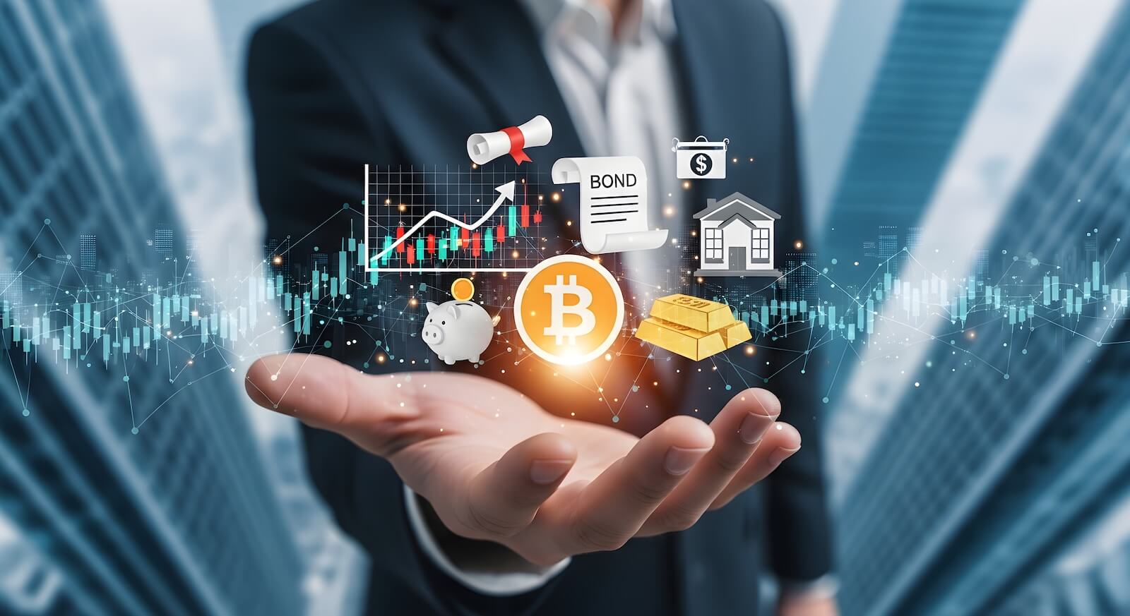 man presenting digital assets: bonds, stocks, gold, bitcoin