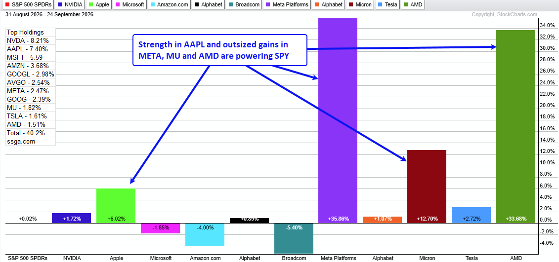 PerfChart for SPY and top 11 holdings: outsized gains in AAPL, META, MU, AMD