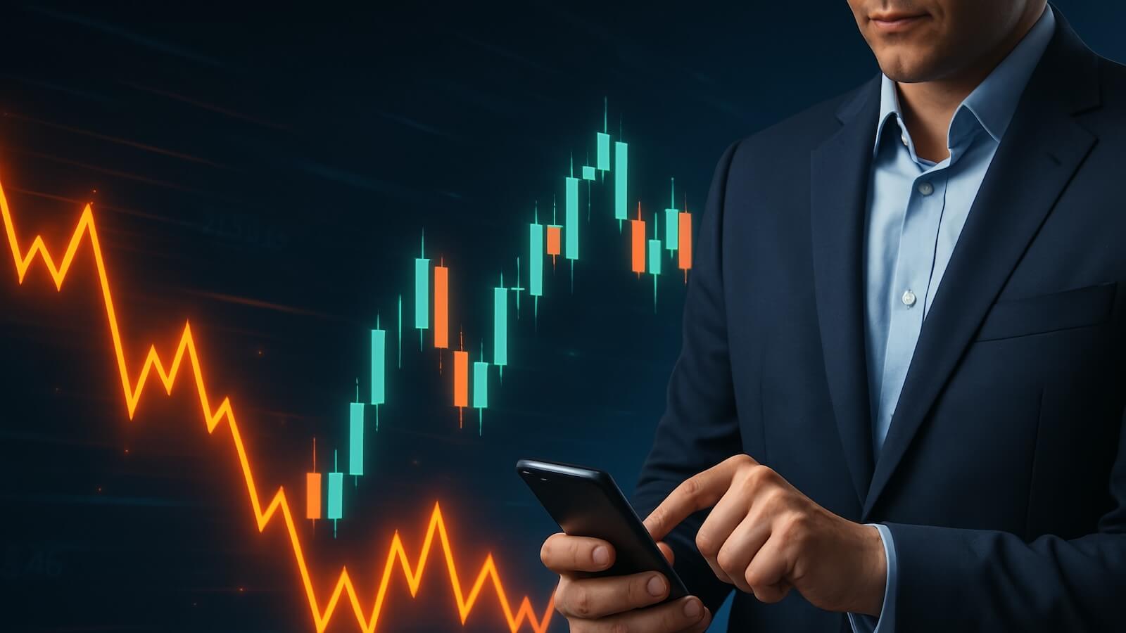 Man analyzing charts on cellphone: QQQ building base or top