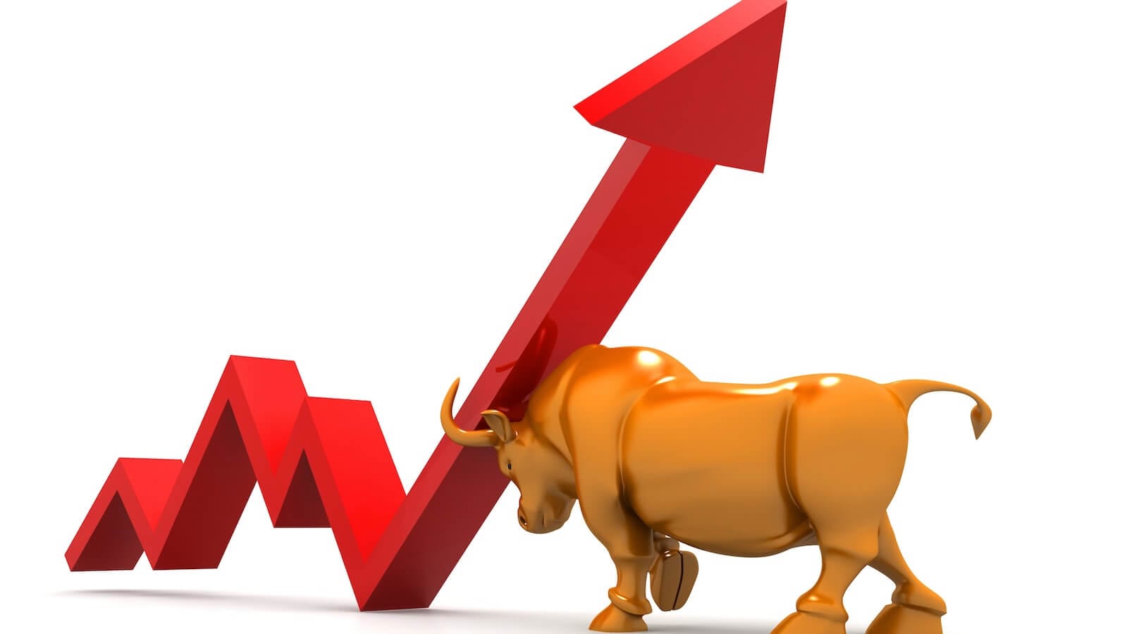 Bull holding up upward arrow: software stocks showing strength