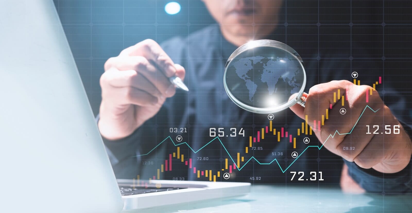 Person studying charts with magnifying glass: S&P 500 may look strong