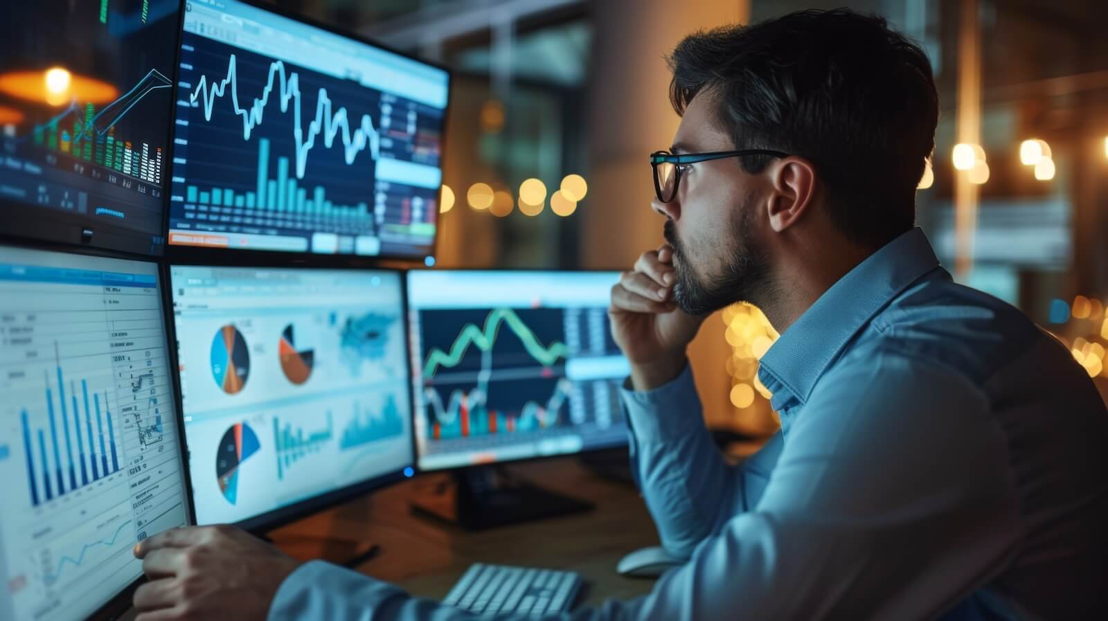 Person analyzing multiple charts on multiple screens: Interest rates, AI volatility, tech earnings