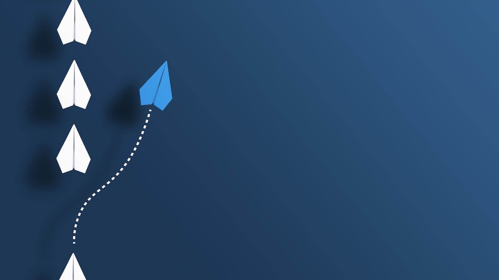 5 paper planes on blue background, one moving in different direction: one sector leads