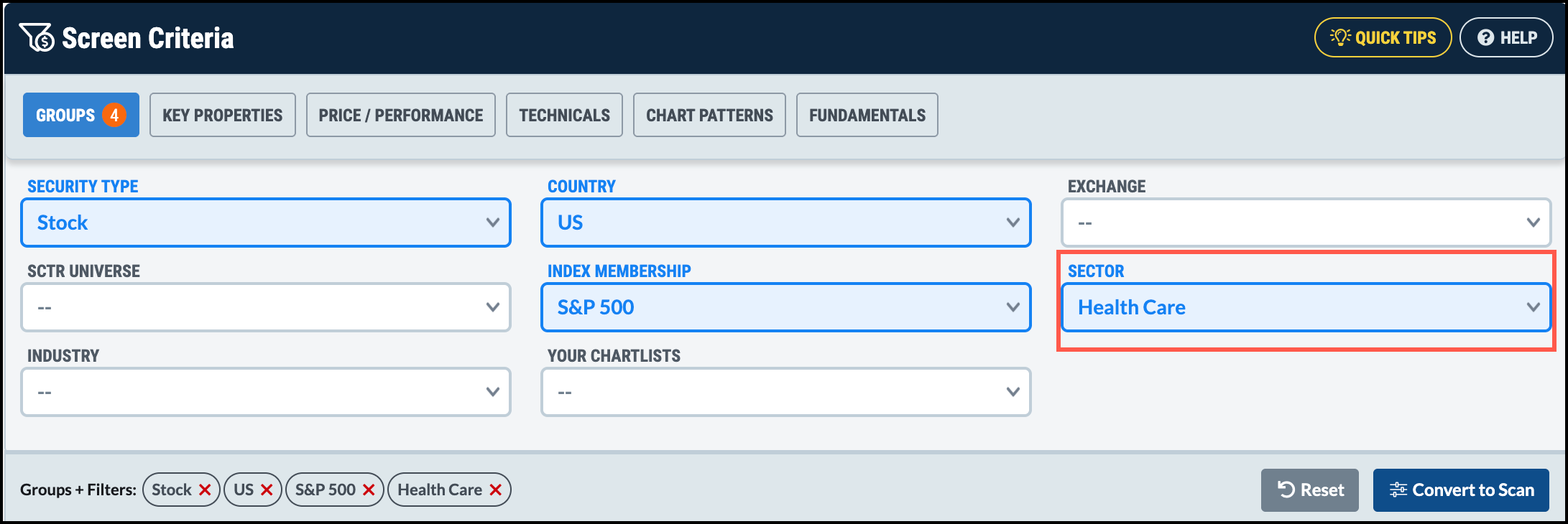 StockCharts Screener criteria filters for groups