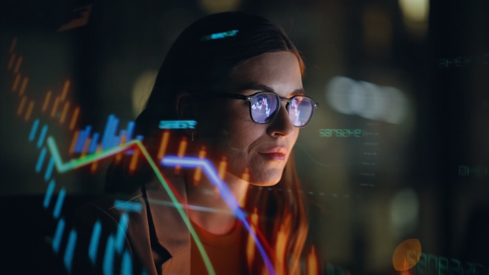Stock market trader charts projected on face: tech stocks getting crushed