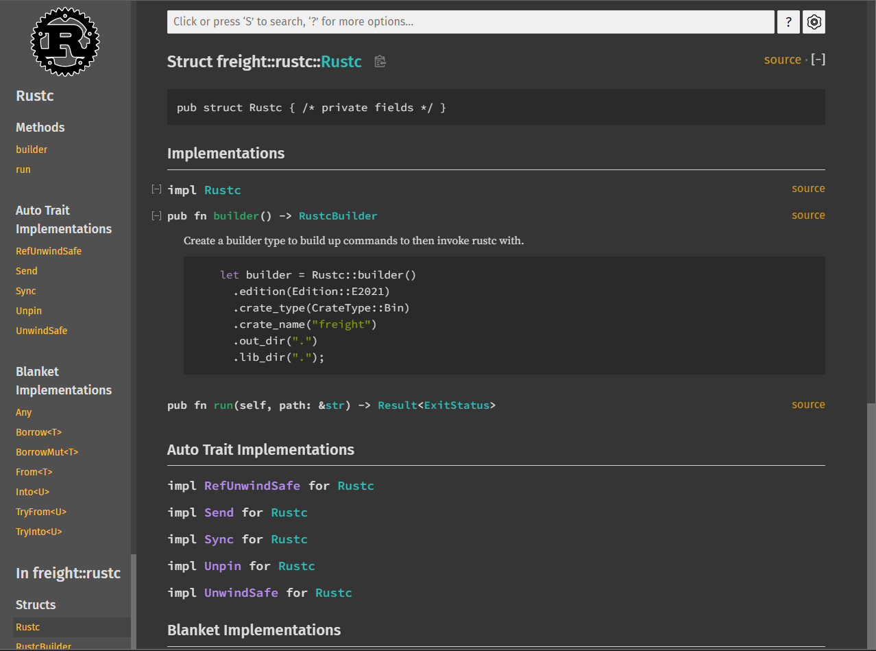 A screen shot of rustdoc output where the builder type docs only show the let statement from above