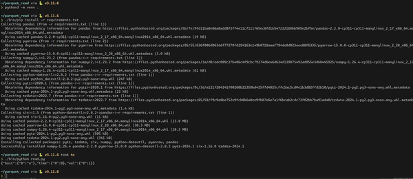 An image of me setting up the python venv, installing the deps, and running my code