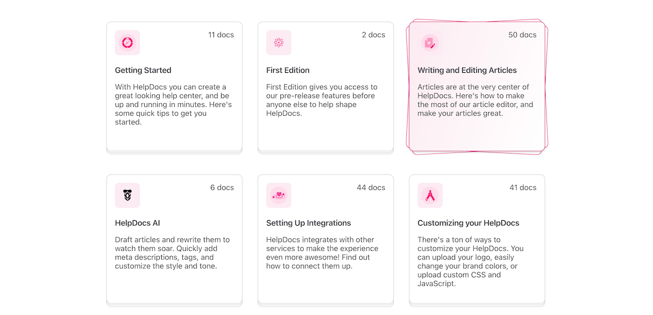 Screenshot of HelpDocs' categories on their knowledge base