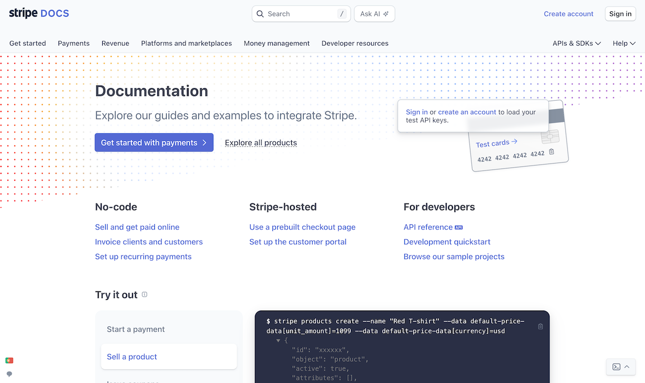 Sceenshot of Stripe's docs.