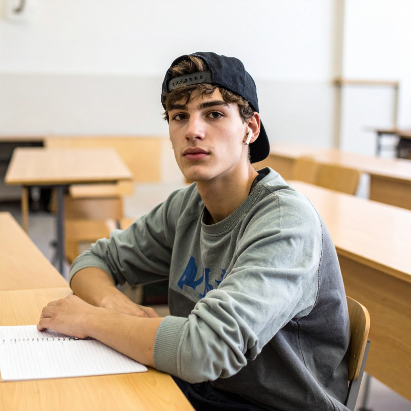 A photo of a 19 year old, white college guy wearing sweats and a backward baseball cap. He is sitting at a student desk in a university classroom, looking up at the photographer (who is not visible). He has an AirPod in one ear. He stares directly at the camera in a way that is confident but not aggressive.