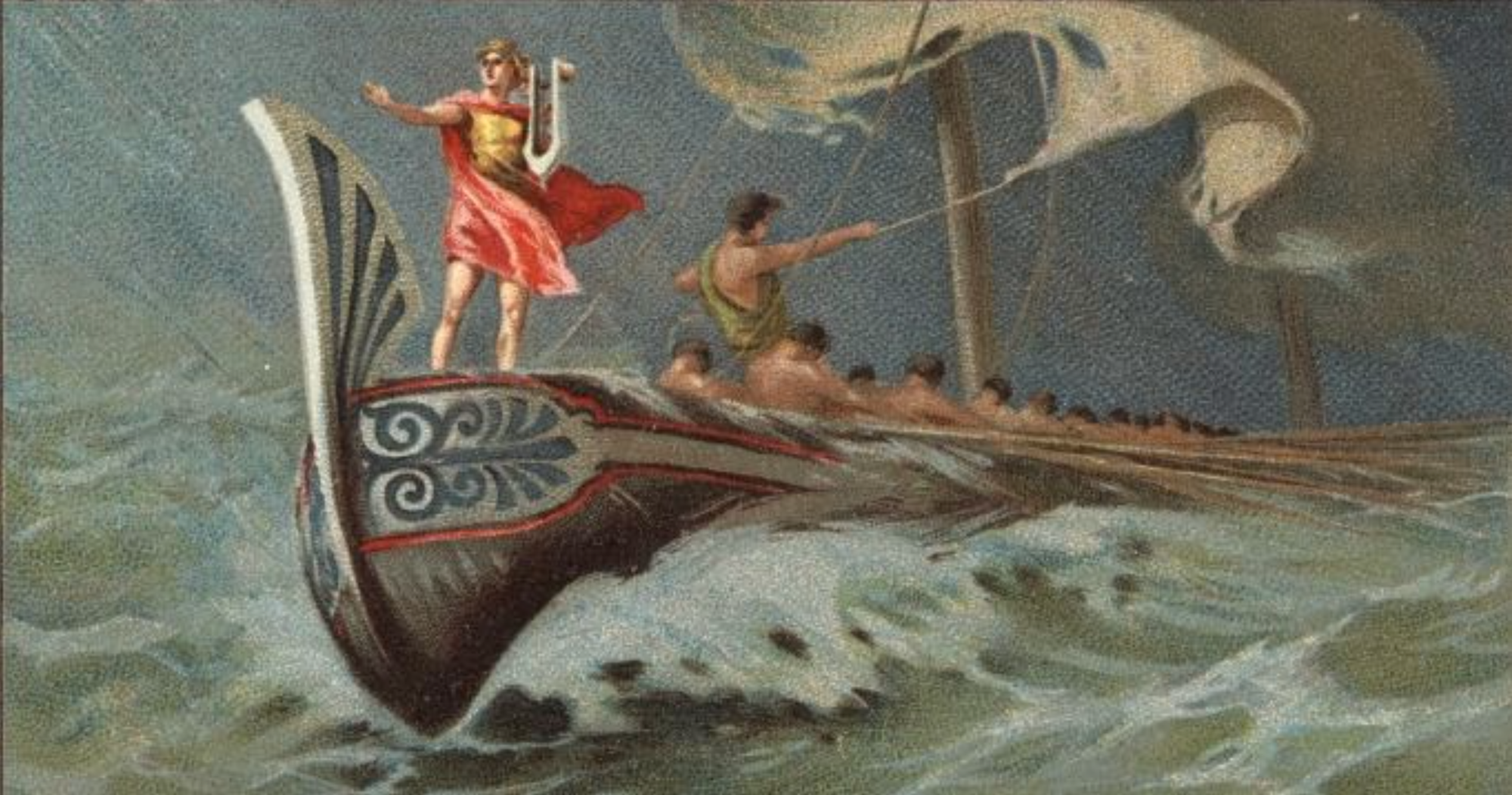 An ancient Greek vessel with a man playing the lyre in the bow.