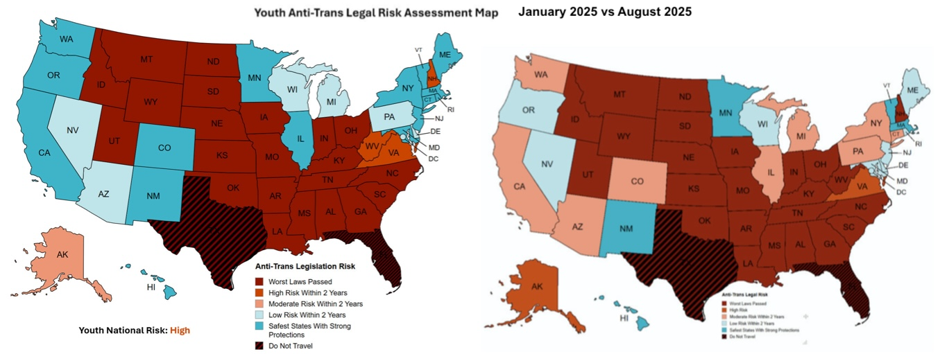 Two "Youth Anti-Trans Legal Risk Assessment Maps from January and August showing increasing legal risks for trans youth in blue states 