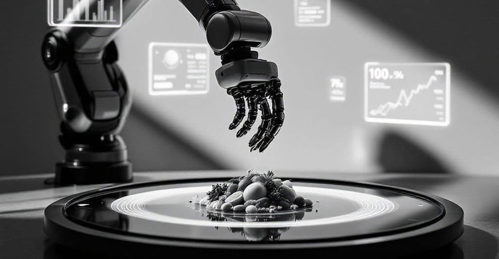 A robot arm hovers over food ingredients on a cooking surface with data readouts in the background.