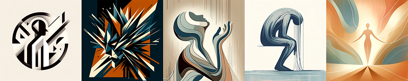 5 Stage of Grief in a modern, abstract, minimalist style.<br/><br/>Prompt: create 5 separate images, using a modern, abstract, minimalist style to represent each of the 5 following words: denial, anger, bargaining, depression, acceptance. each image should depict a single word.