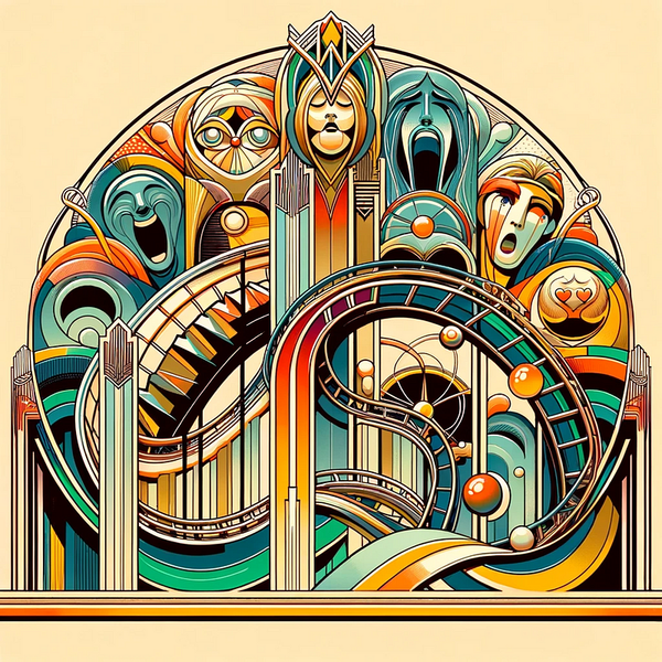 Emotional Rollercoaster in an Art Deco style created with Dall-E<br/><br/>Prompt: depict an emotional rollercoaster in an art