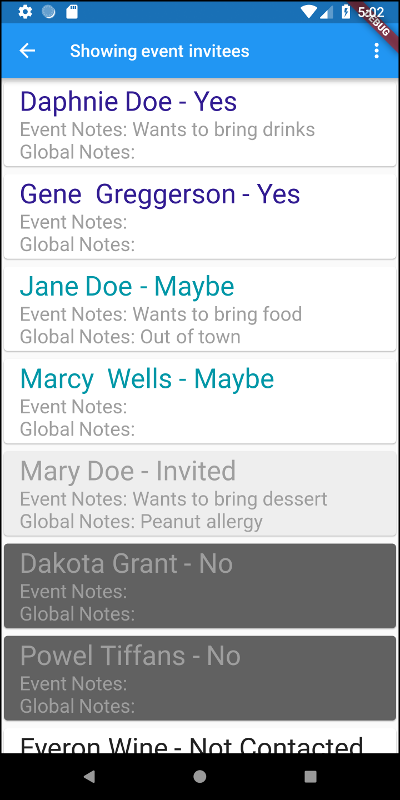 Invitee list with color differentiation