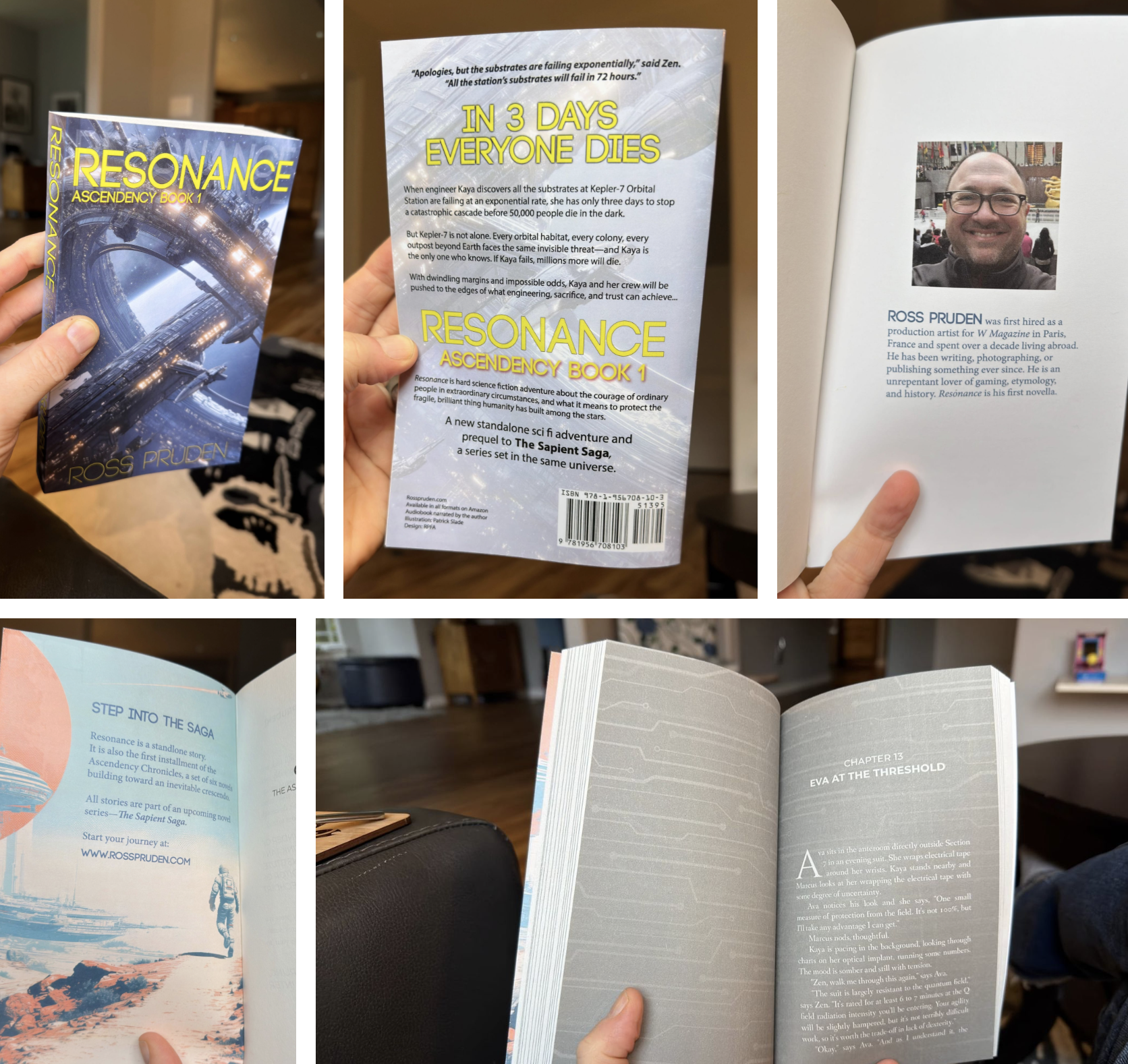 Miscellaneous pictures of one paperback iteration, front and back covers, as well as inside covers, and interior text.