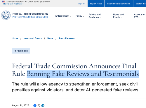 FTC announcement about rule banning fake reviews and testimonials.