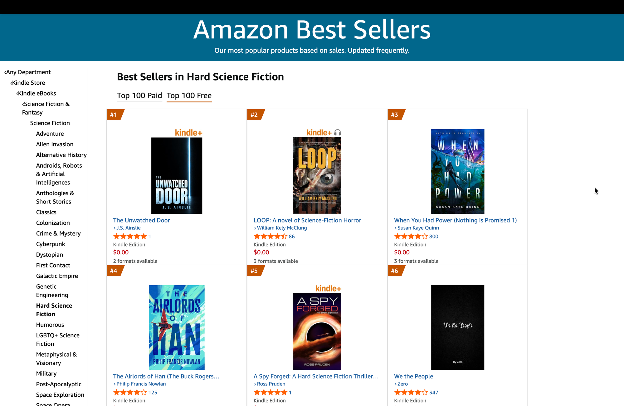 Screenshot of A Spy Forged ranked at #5 on Amazon's Best Sellers in Hard Science Fiction.
