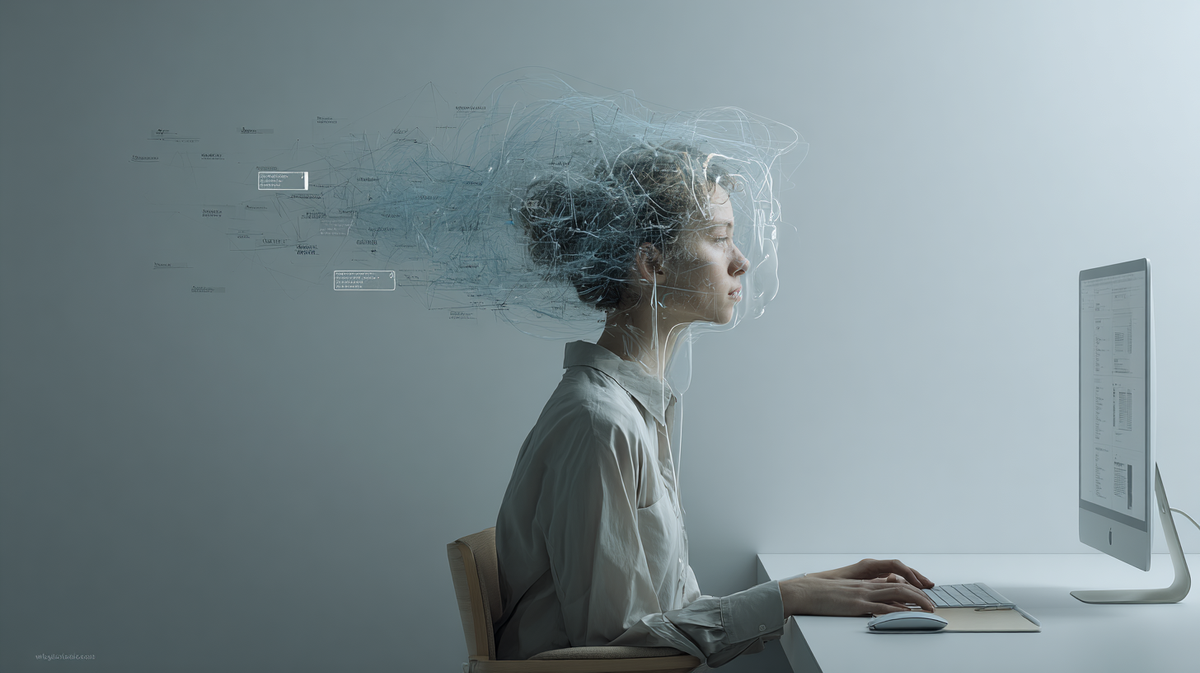 컴퓨터 모니터 앞에서 깊은 생각에 잠긴 사람의 모습. 인공지능(AI)이 인간처럼 생각할 수 있는지에 대한 철학적 논쟁을 상징합니다.