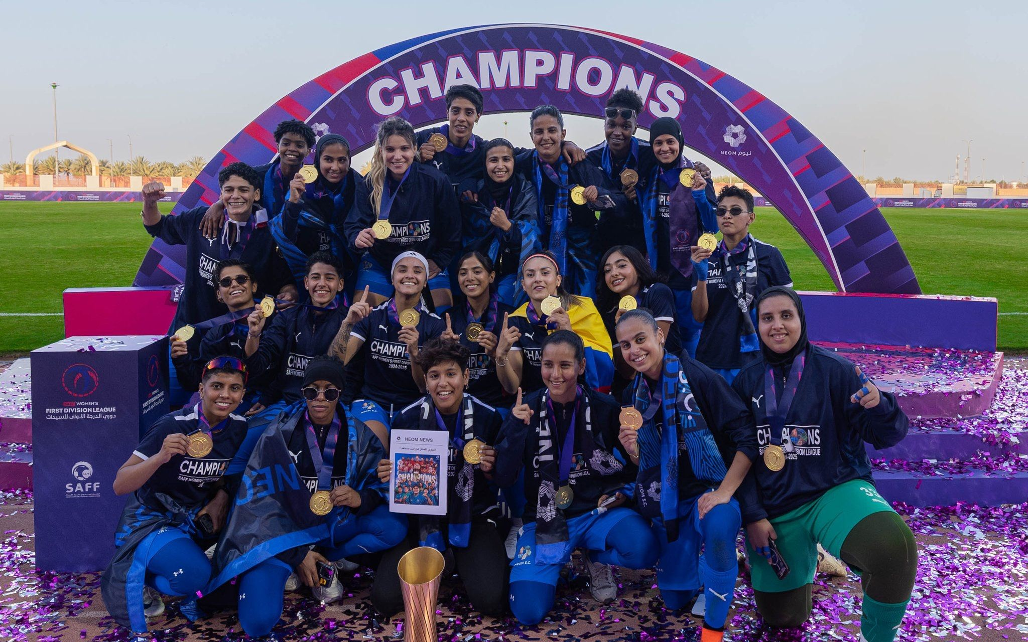 NEOM S.C. women’s team cheering after sealing promotion to the Saudi Women’s Premier League.