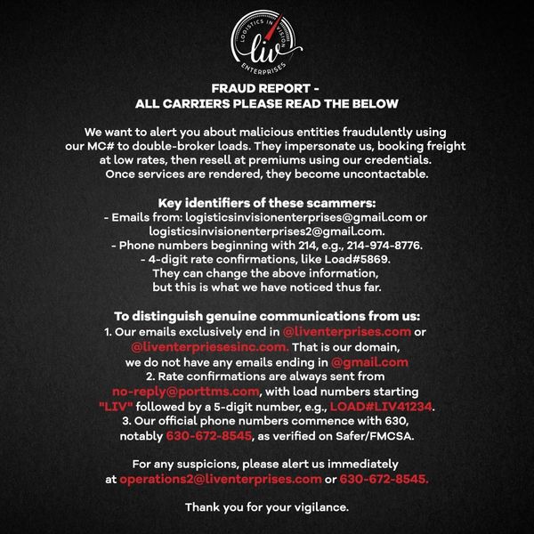 Scammers Misusing LIV Enterprises MC# & Uber Freight Gets Hacked