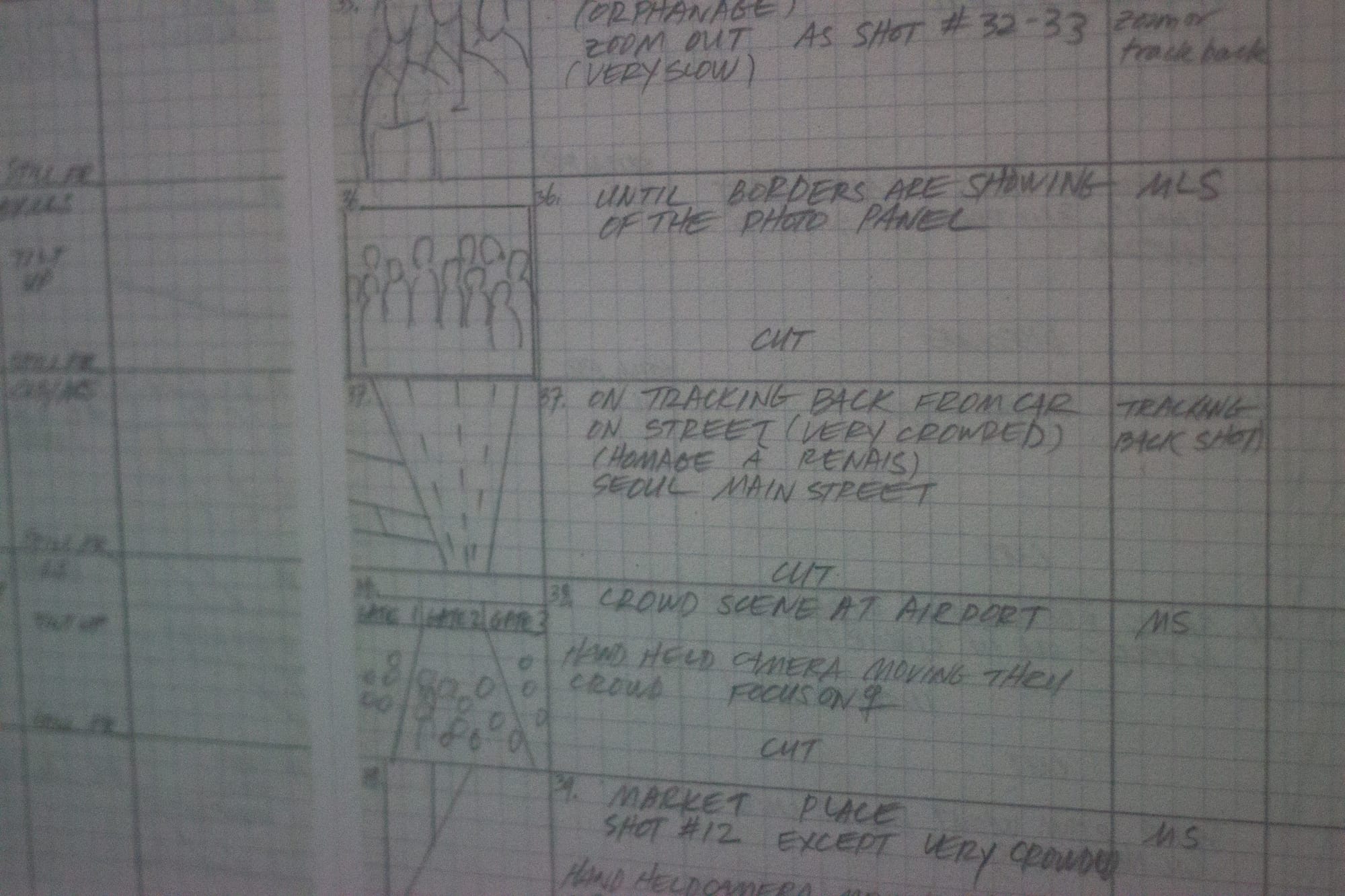 Hand-written and sketched notes on graph paper, sectioned into blocks. The drawings show multiple people and streets. Notes say things like "crowd scene at airport" and "market place shot #12 except very crowded."