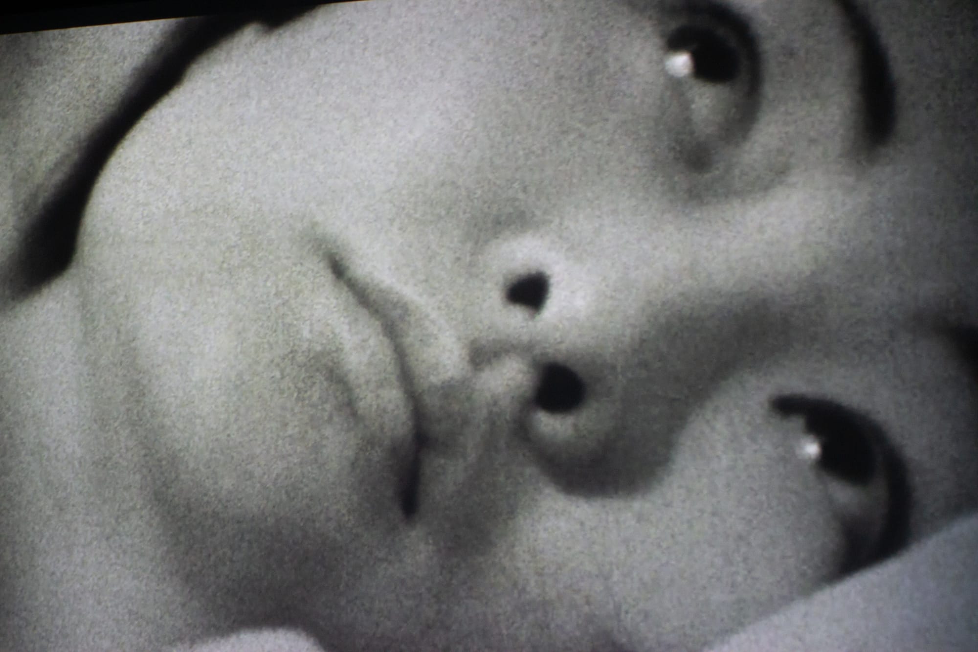 A black-and-white grainy film still of a woman's face looking upward. There is a notable shine of light in her eyes.