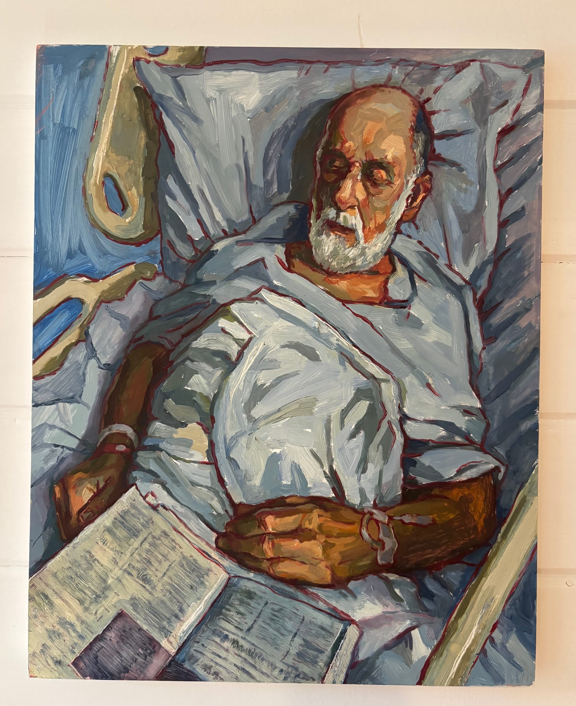 An oil painting of artist August Lamm's father in a hospital bed.