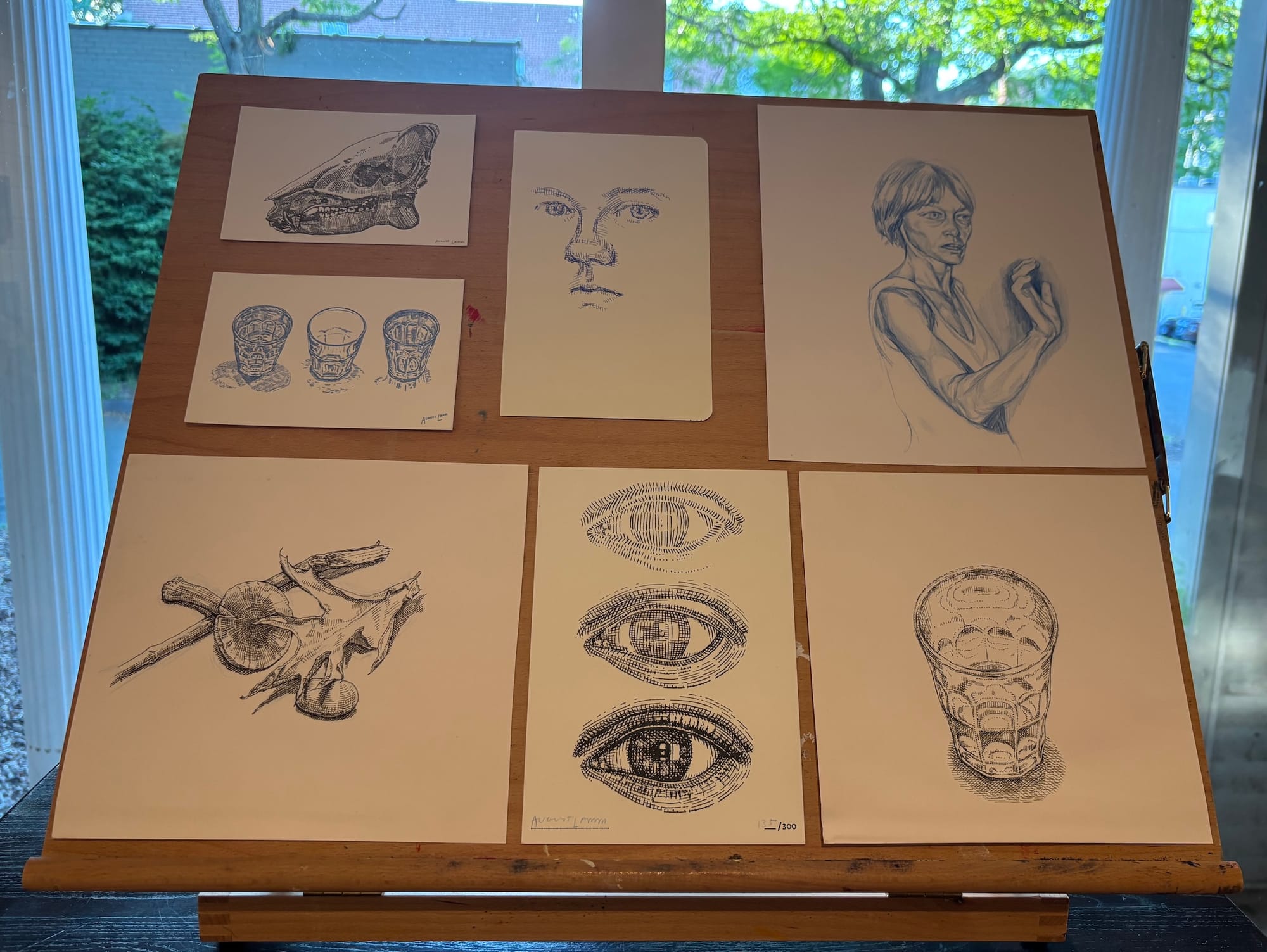 Lamm's pen and ink illustrations, which include an eye, a glass, and human figures.