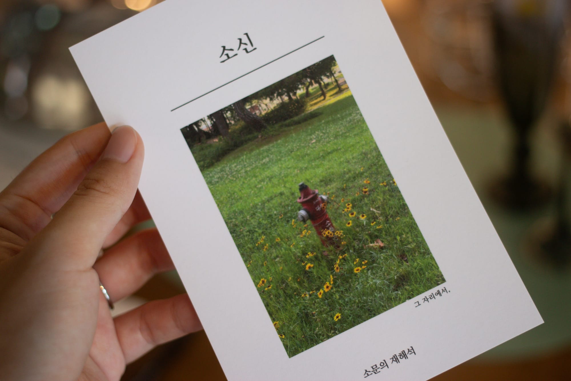 A hand holding a white card with the word 소신 (soshin) and a photo of a red fire hydrant in a field with trees, grass, and yellow flowers.