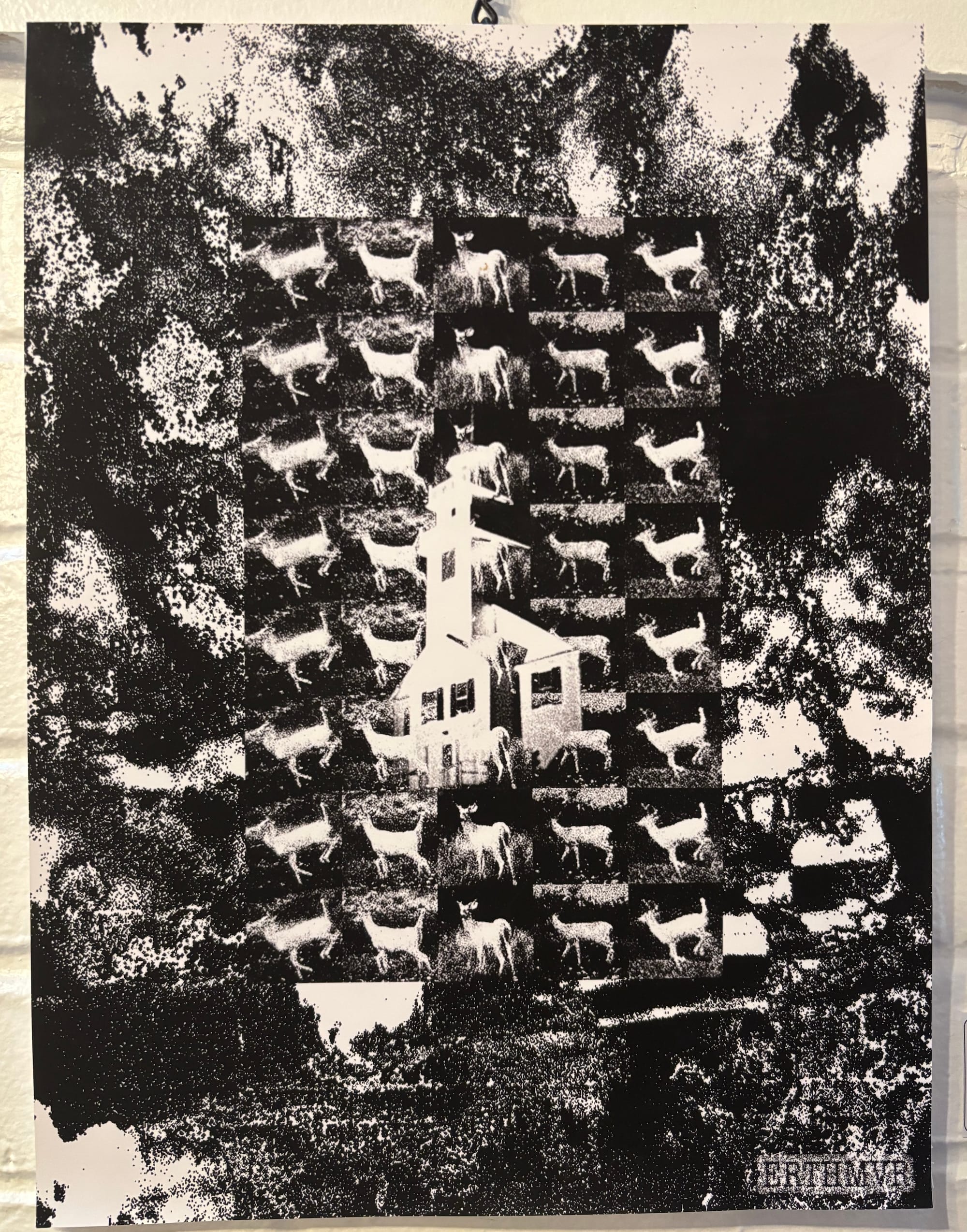 Copy-and-pasted photos of deer overlaid on a church. All black and white.