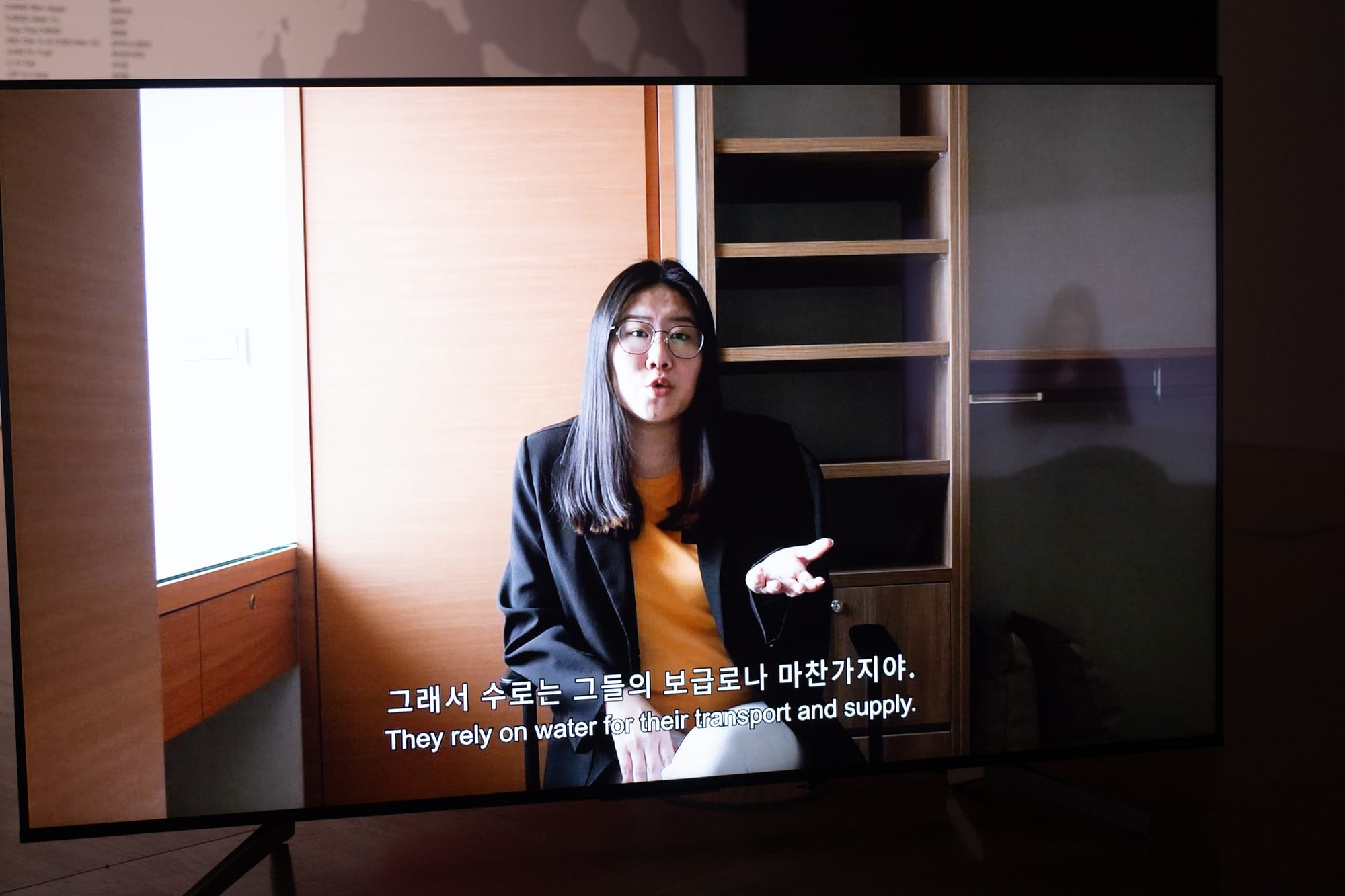 A large flat TV screen showing a woman talking. There are Korean and English captions, saying, "They rely on water for their transport and supply."