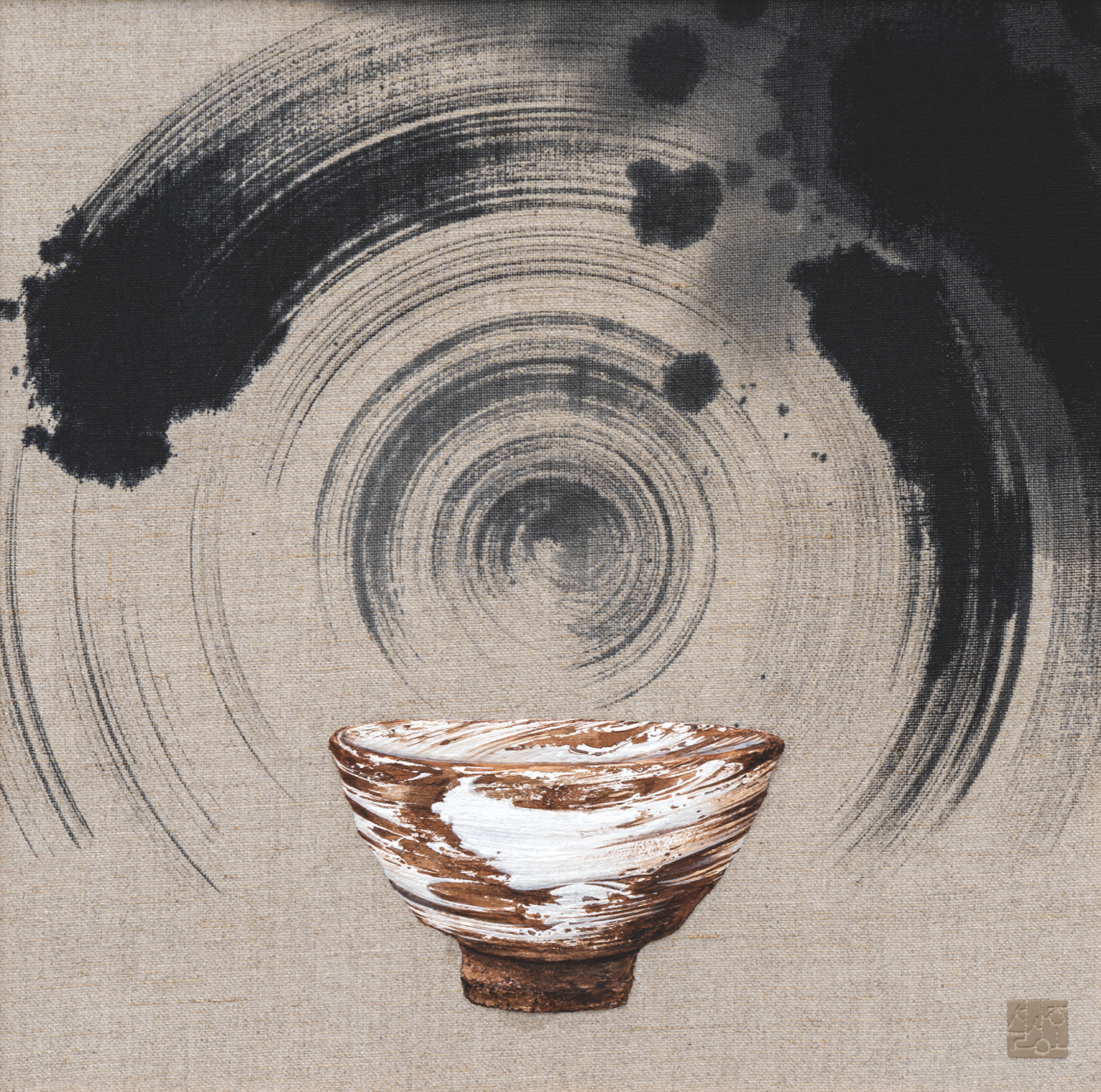 Painting of a ceramic bowl against a natural fiber background with an ink brushstroke circle.