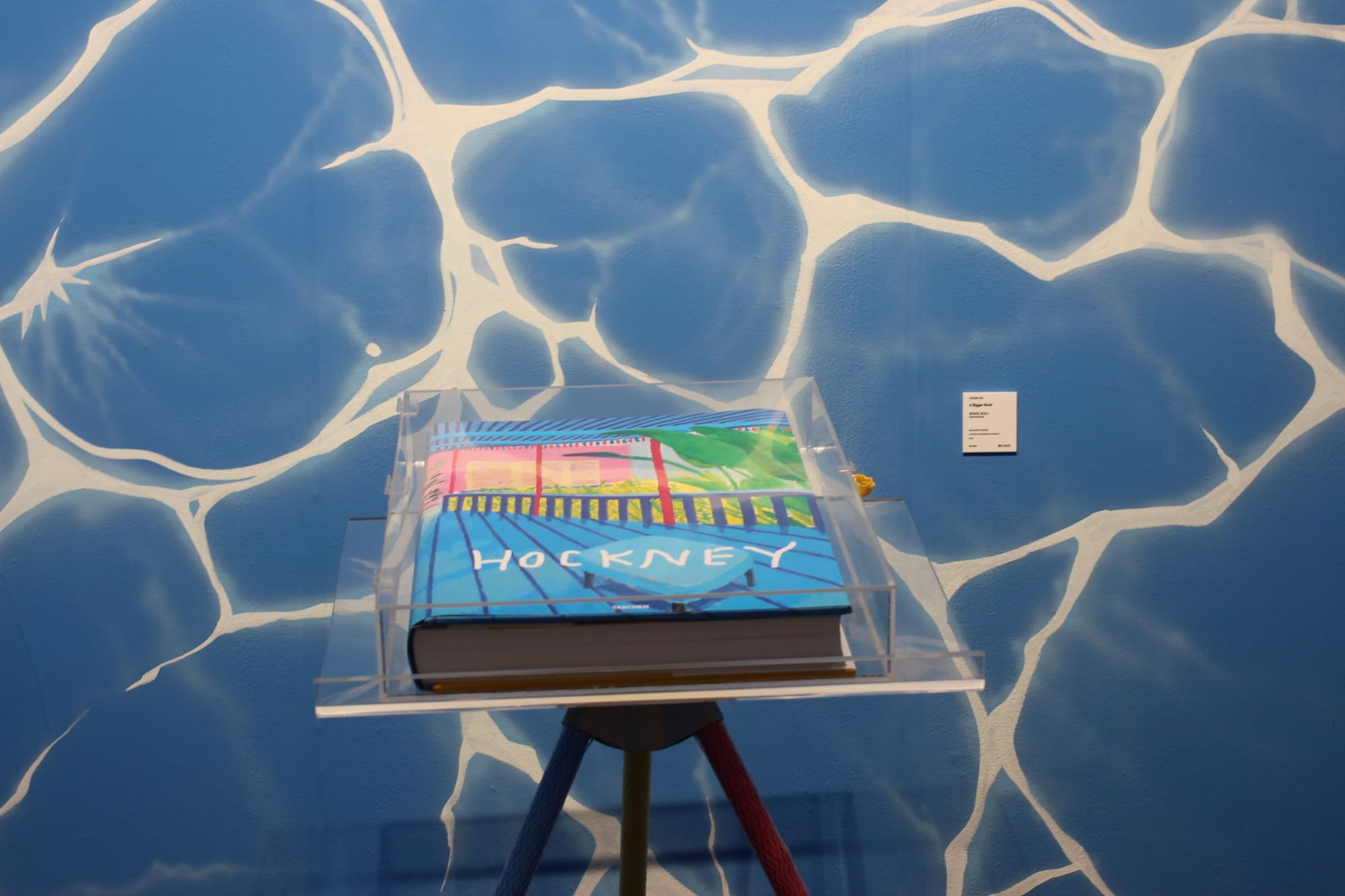 A larger-than-life book sculpture sits in front of a wall painted to look like light shimmering on a pool.
