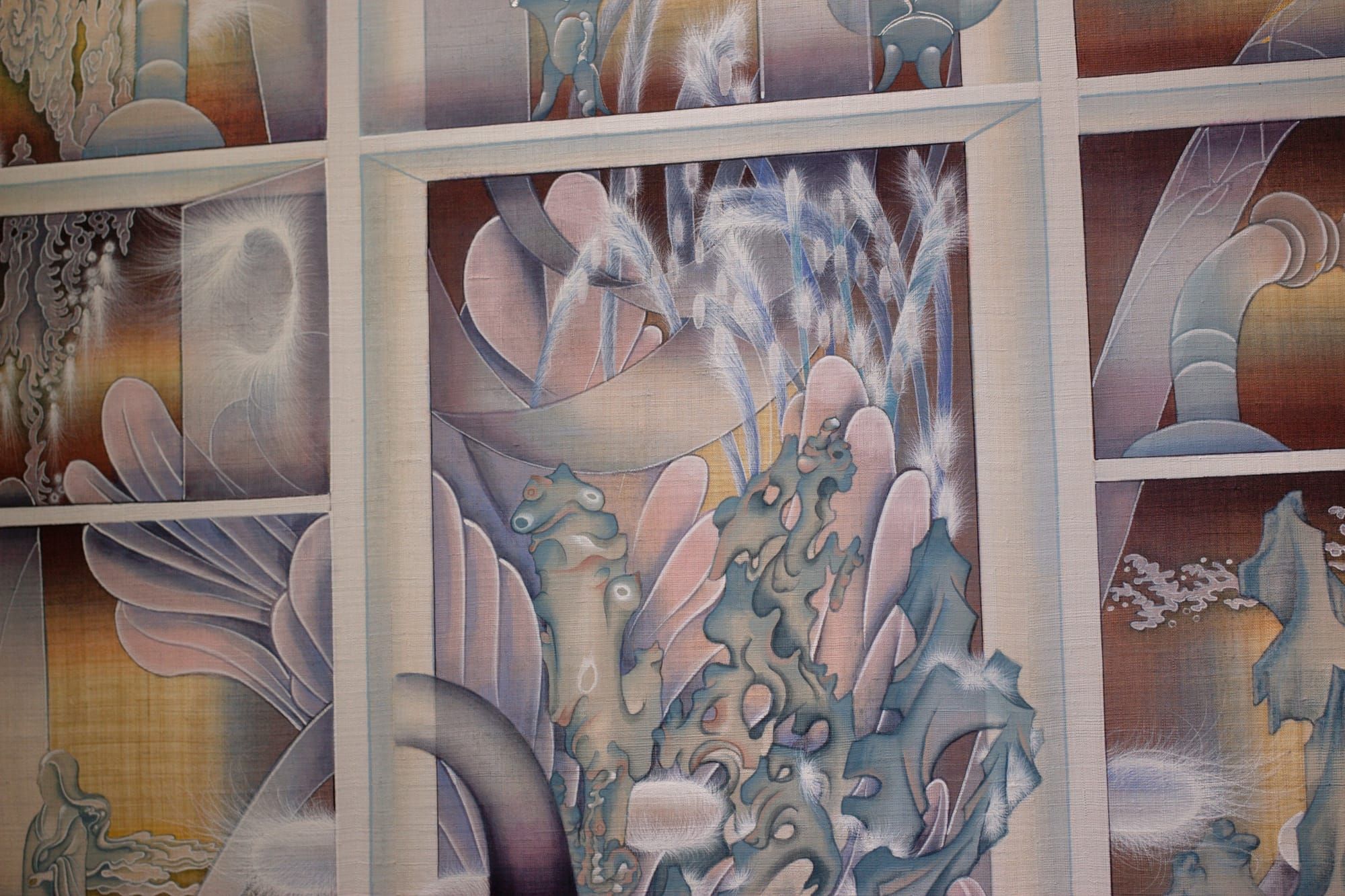 A close-up of a painting in thin layers on a beige-colored substrate with visible fiber textures. On rectangular shelves are organic shapes in pink, purple, and turquoise gradients and hairy 