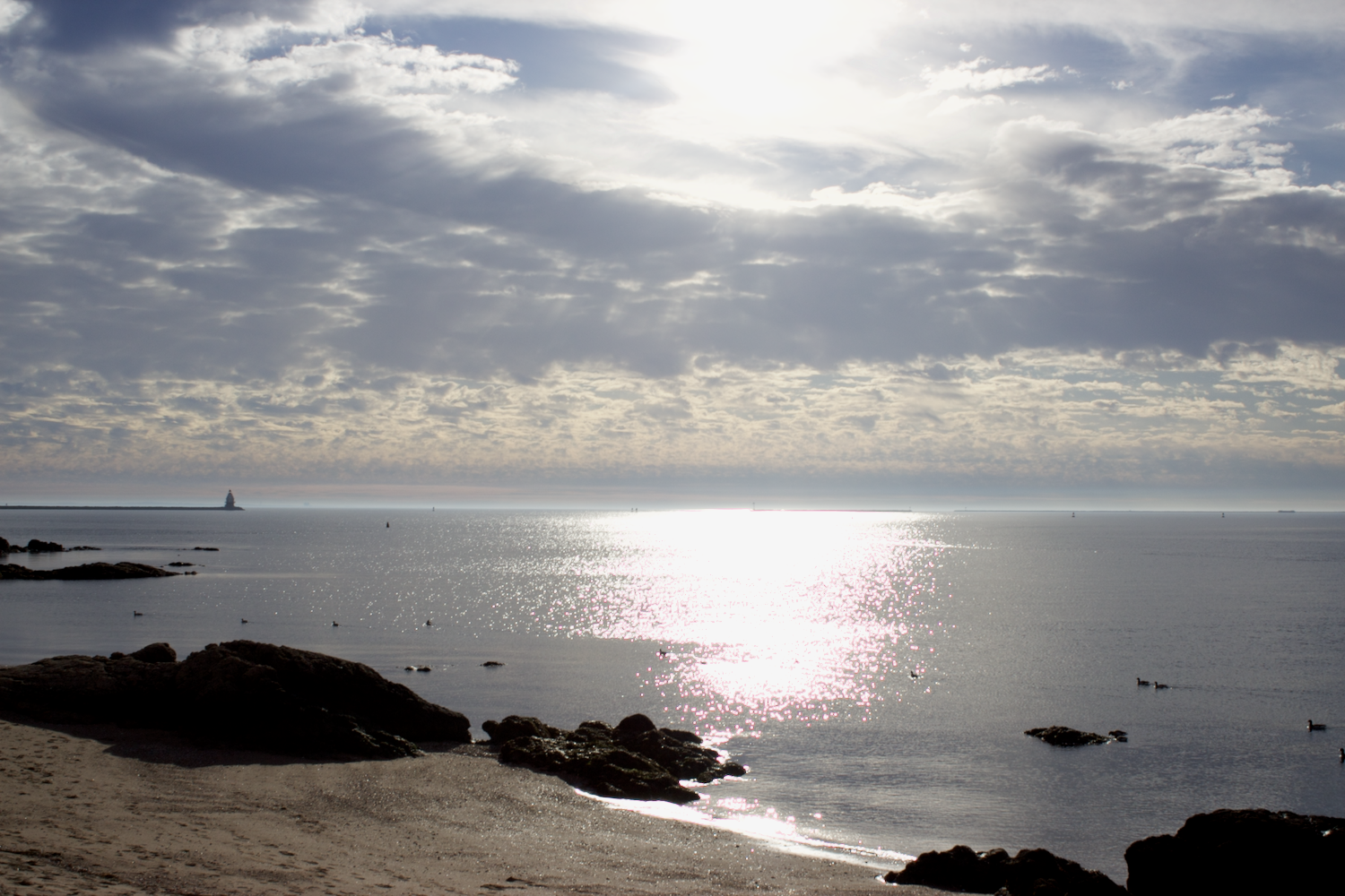 Photograph of a rocky beach with sunlight on the water.
