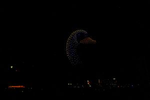 Hundreds of drones light up in the night sky and form a swan in flight. 